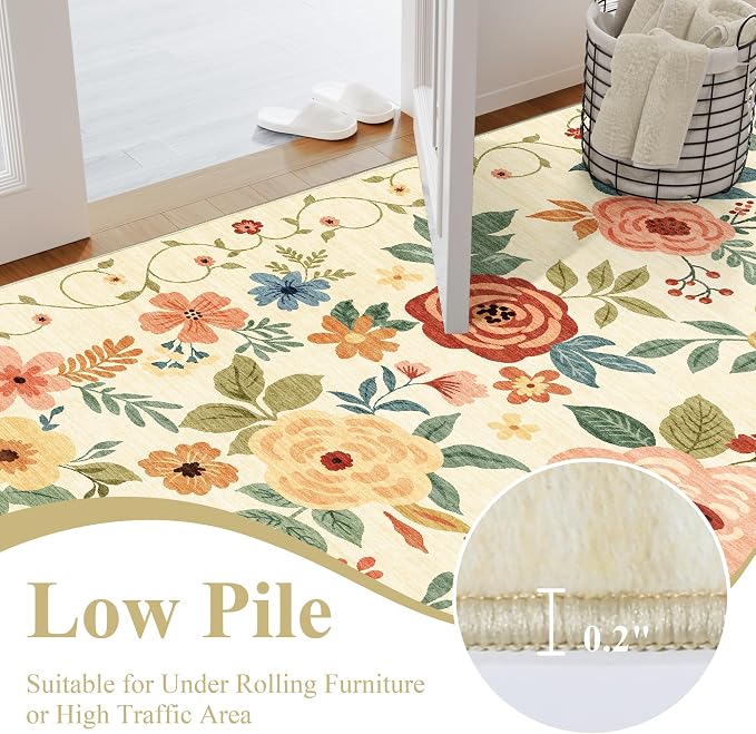 DUKINO 9x12 Area Rug for Living Room, Washable Rug Non Slip, Low Pile, Floral - Image 6
