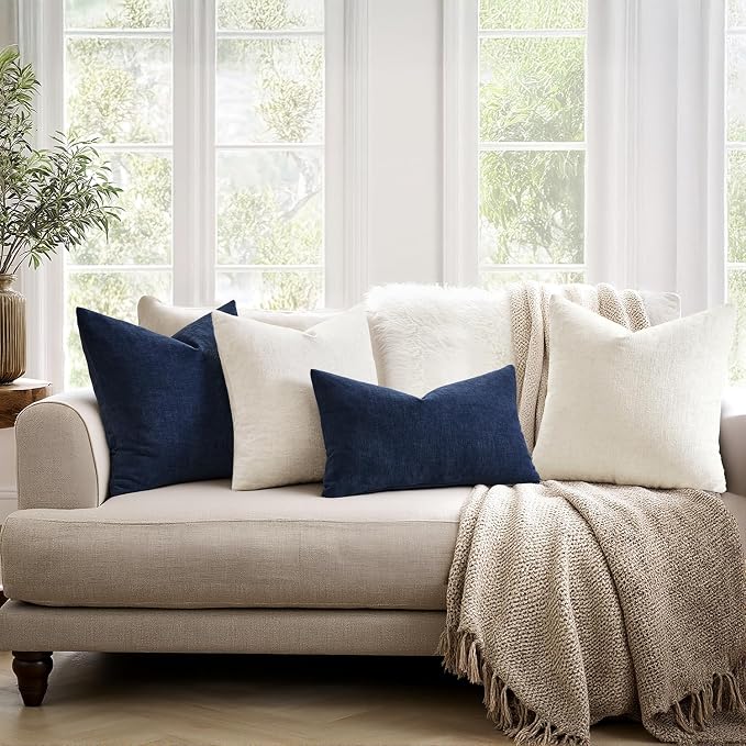 MIULEE Navy Chenille Couch Lumbar Throw Pillow Covers, 12x20 | Set of 2 - Image 3