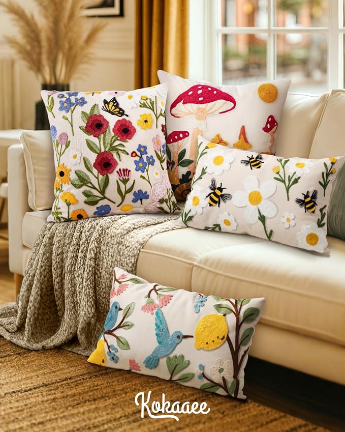 Embroidered Lumbar Pillow Cover 20x12 Inch, Bird Lemon | Decorative Throw - Image 6