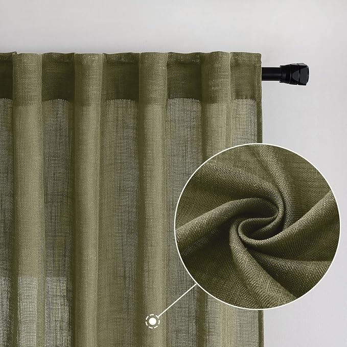 MIULEE Light Olive Green Linen Curtains 52x90 Inch Long 2 Panel - Image 2