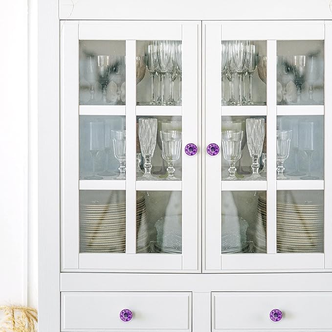 Ravinte 5 Pack Purple Crystal Knobs for Dresser Drawers - 30 mm Glass Cabinet Diamond Shaped Knobs with Silver Base
