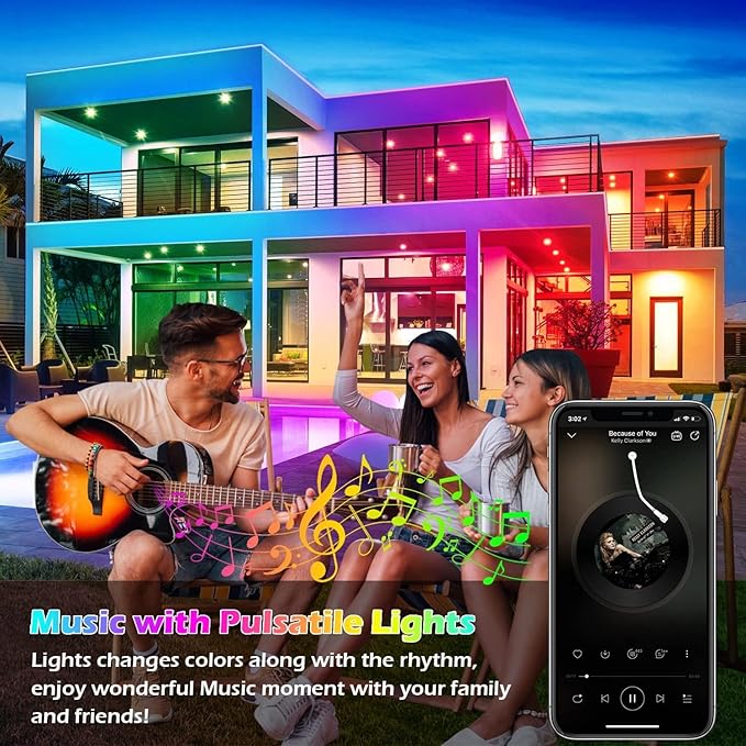 50Ft Outdoor LED Strip Lights Waterproof,Music Sync RGB IP68 Outside Led Light Strips Waterproofs with App and Remote,Exterior Led Rope Lights Waterproof for Deck,Balcony,Roof,Garden,Pool