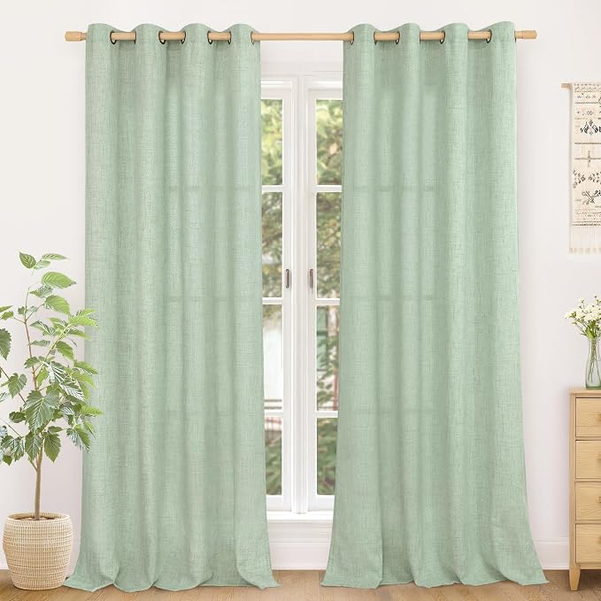 YoungsTex Sage Green Curtains, Linen Semi Sheer Drapes 84 Inch Long 2 Panel | by YoungsTex