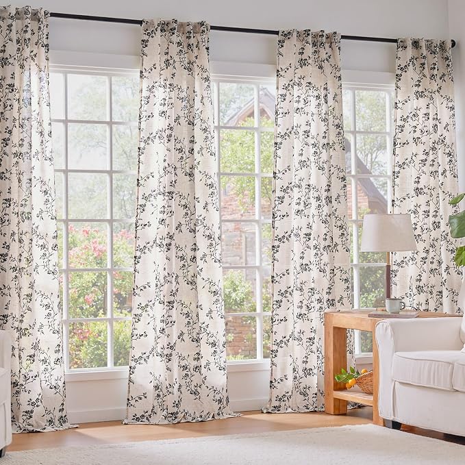 Black Vintage Floral Linen Curtains Farmhouse 38W X 96L 2 Panels | Elisa Series - Image 6