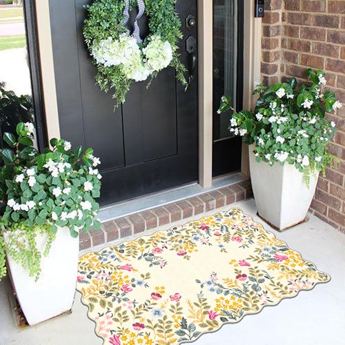 Front Door Mat Outside Entrance 2x3 Beige Colorful Floral Entry Rug | Non-Slip - Image 4