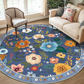 RELEANY Floral Washable Round 8ft Area Rug Blue/Grey | Flower Carpet Print Boho by RELEANY