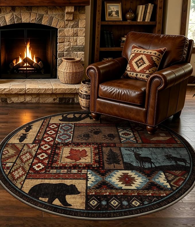 Rustic Round Rug 4ft, Washable Circle Rug by YIHOUSE