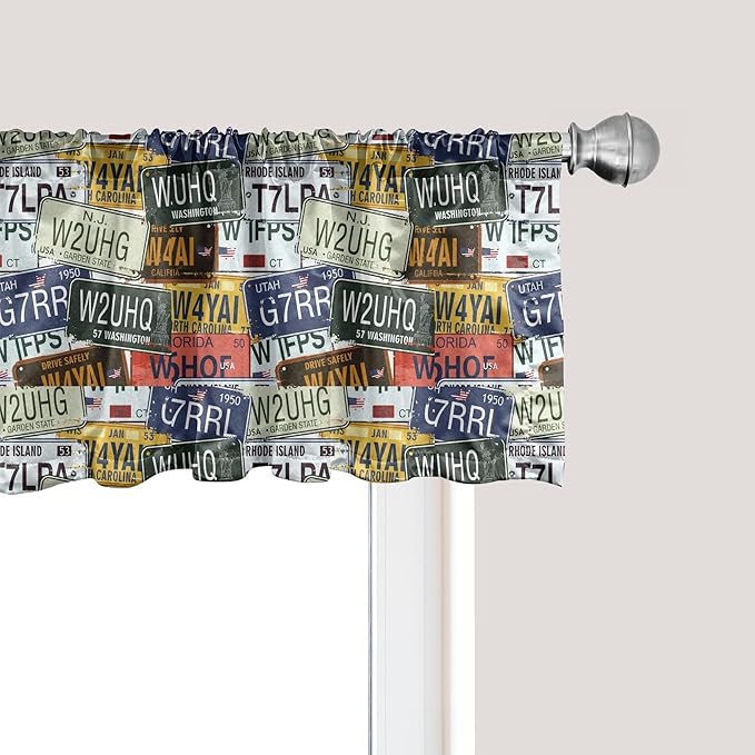 Ambesonne Vintage Window Valance, Original Retro Style License Plates Personalized Creative Travel Vacation, Curtain Valance for Kitchen Bedroom Decor with Rod Pocket, 42" x 12", Green Blue Yellow