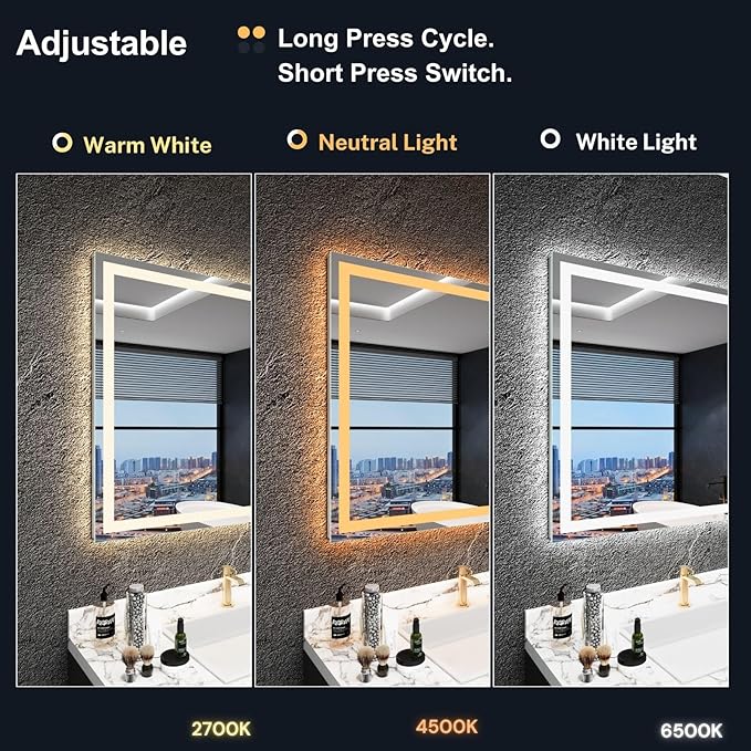 LED Bathroom Mirror with Lights 28"x 32", Front Lit and Backlit Mirror Bathroom,Stepless Dimmable,Anti-Fog, Shatter-Proof, Memory, Lighted Vanity Mirror (Horizontal/Vertical)