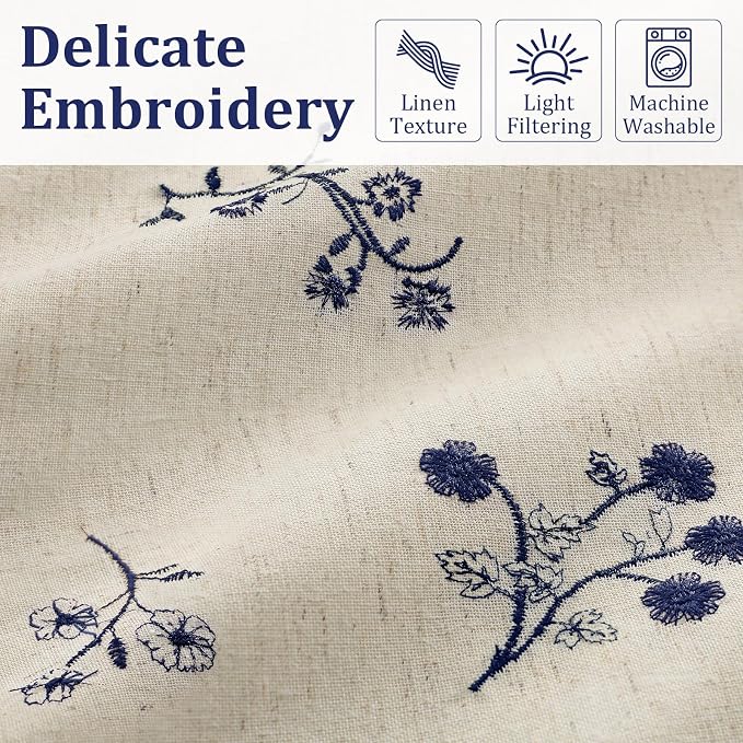 Dark Blue Floral Embroidered Light Filtering Curtains 84 Inch 2 Panels - Image 4