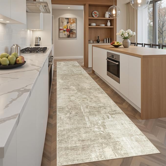 Soalmost Abstract Runner Rug 2x12 Hallway Kitchen Runners Beige/Gray | Vintage - Image 3