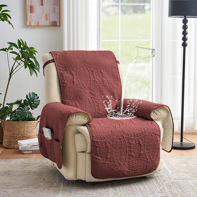 Red Quilted Recliner Chair Covers, Waterproof Medium Chair Covers, Lazy Boy - Image 2