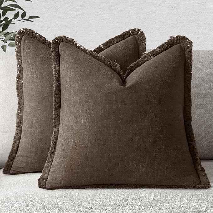 MIULEE Linen Fringe Decorative Euro Pillow Covers Chocolate Brown 22x22 | Set by MIULEE