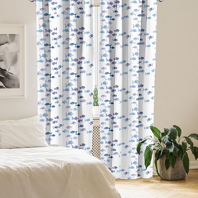 Ambesonne Animal Window Curtains, Little Fishes Watercolors Ocean Underwater Life Marine Theme Art, Lightweight Decor 2-Panel Set with Rod Pocket, Pair of - 28" x 84", Blue