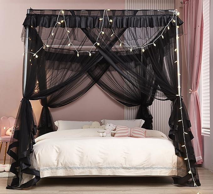 Mengersi 4 Corner Post Bed Canopy Bed Curtains Mosquito Net Bedroom Decoration Accessories (Twin, Black)