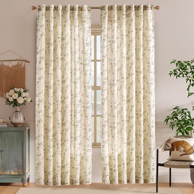 Green Vintage Floral Linen Curtains Farmhouse 50W X 84L 2 Panels | Elisa Series - Image 2