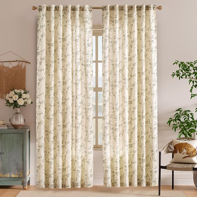 Green Vintage Floral Linen Curtains Farmhouse 50W X 90L 2 Panels | Elisa Series - Image 2