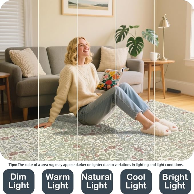Vintage Light Green Living Room Rug, 5x7 Washable Area Rugs - Image 4
