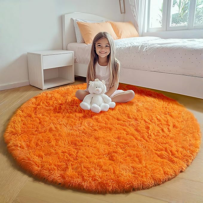 Orange Round Area Rugs 4ft for Bedroom Living Room, Fluffy Circle Rug for Kids by ONASAR