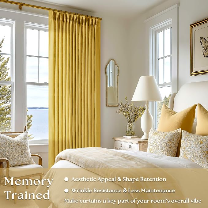 Mustard Yellow Pleated Semi Sheer Linen Curtains 120 Inches Long 2 Panel | - Image 2