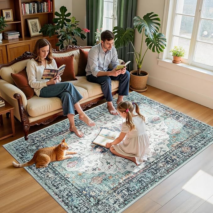 RELEANY Washable Area Rug, Teal Green/White/Navy | Non-Slip, Water Repellent - Image 3