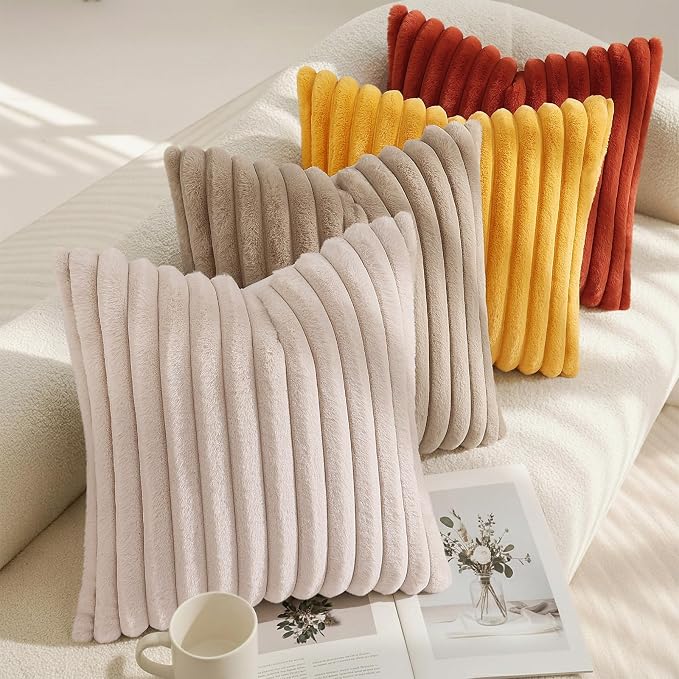 decorUhome Fall Faux Fur Throw Pillow Covers 16x16 Set of 2 Khaki Brown | - Image 7