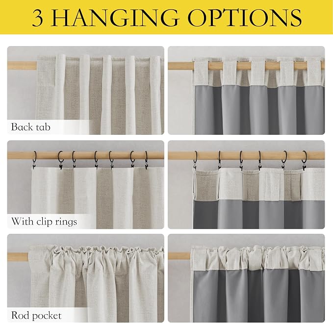 NICETOWN 100% Blackout Curtains 72 inch Long 2 Panels, Linen Blend Thermal - Image 2