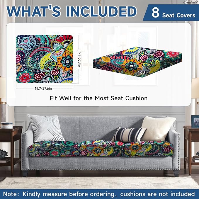 CALBODE 8Pcs Stretch Patio Cushion Cover, Boho Floral Couch & Sofa Slipcovers - Image 2