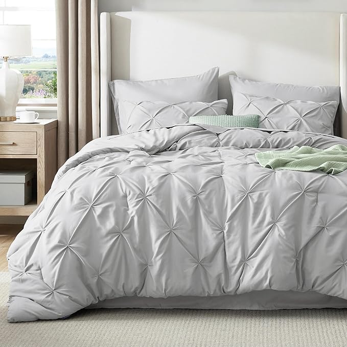 Bedsure California King Comforter Set - Bed in a Bag Cal King Bedding Set 7 PCS, GentleSoft™ Pintuck Bed Set Gift for Family, Pinch Pleat Light Grey Comforter with Sheets, Pillowcases & Shams