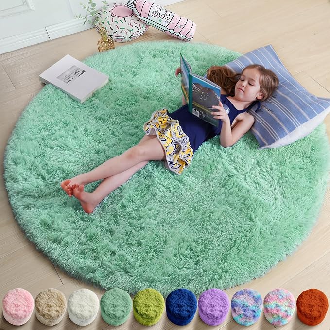 Amdrebio Sage Green Fluffy Round Circle Area Rug 5Ft by Amdrebio