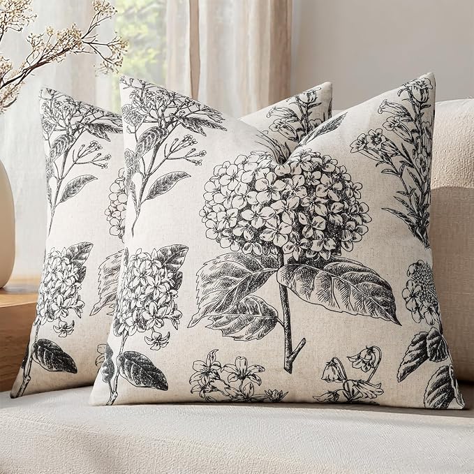 Set of 2 Decorative Floral Pillow Covers 20x20 Inch Black | Neutral Hydrangea by SWANCOCO