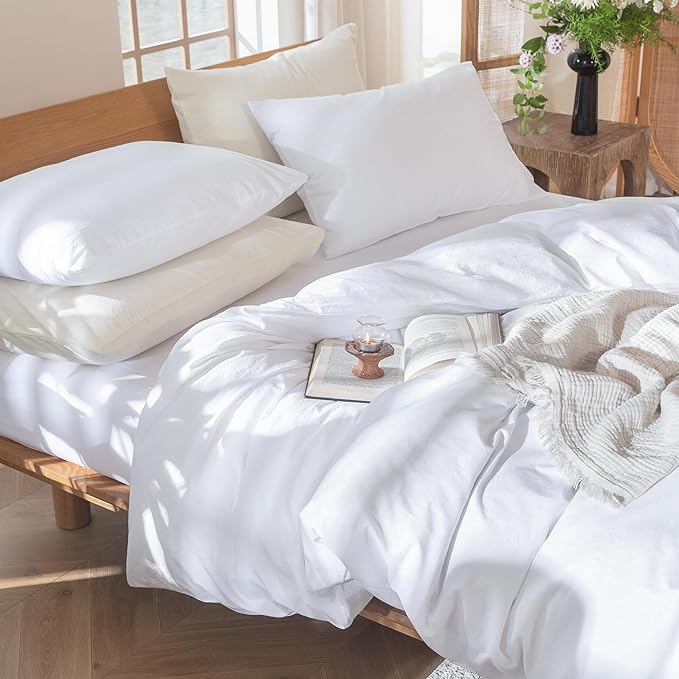 MooMee Bedding Duvet Cover Set 100% Washed Cotton Linen Like Textured Breathable Durable Soft Comfy (Solid Bright White, Full 80"x90")