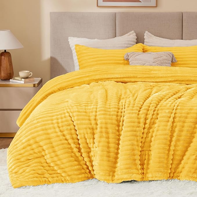 BEDELITE Fleece Queen Comforter Set -Super Soft & Warm Fluffy Bright Yellow Bedding, Luxury Fuzzy Heavy Bed Set for Winter with 2 Pillow Cases