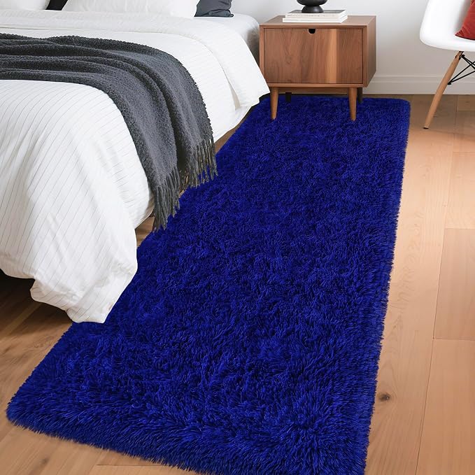 2x6 Bedside Area Rugs for Bedroom Soft Fluffy Shag Navy Blue Rug for Hallway by JiaoBaba
