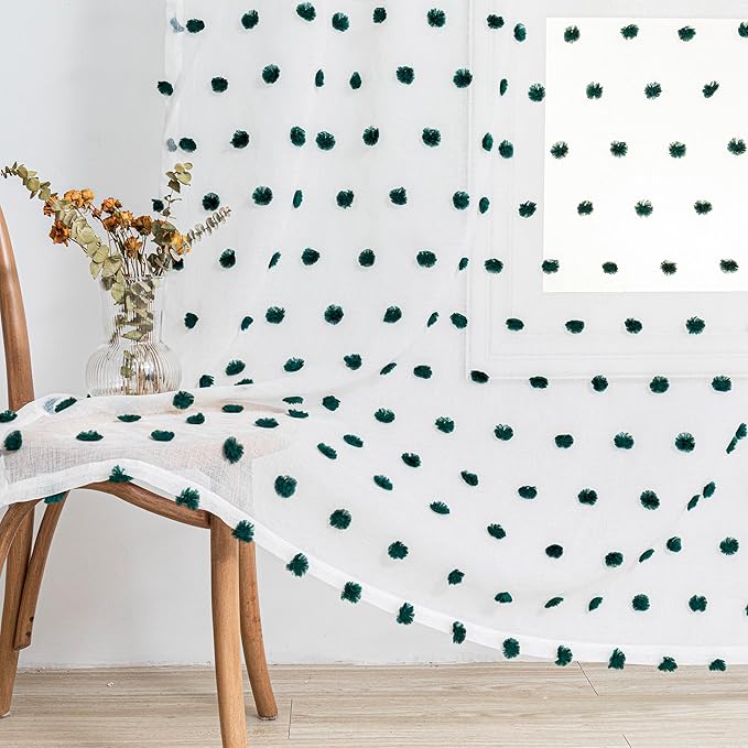 MYSKY HOME Short Christmas Curtains for Small Window - 45 Inch Long Kitchen & Bedroom Sheer Curtains - Hunter Green & White Pom Pom Panels - 2 Sets 52 x 45 Inch