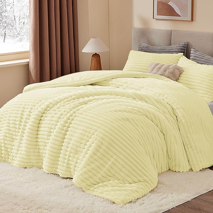 BEDELITE Fleece King Comforter Set -Super Soft & Warm Fluffy Transparent Yellow Bedding, Luxury Fuzzy Heavy Bed Set for Winter with 2 Pillow Cases