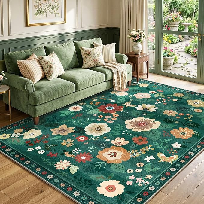 RELEANY Floral Washable 5x7 Area Rugs DarkGreen | Flower Carpet Print Boho Cute by RELEANY