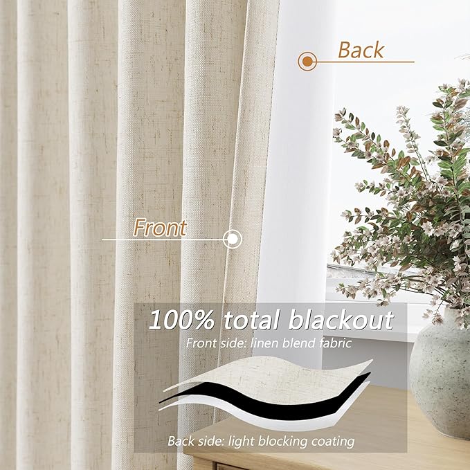100% Blackout Linen Curtains for Bedroom 96 inches Long, Thermal Insulated Room - Image 4