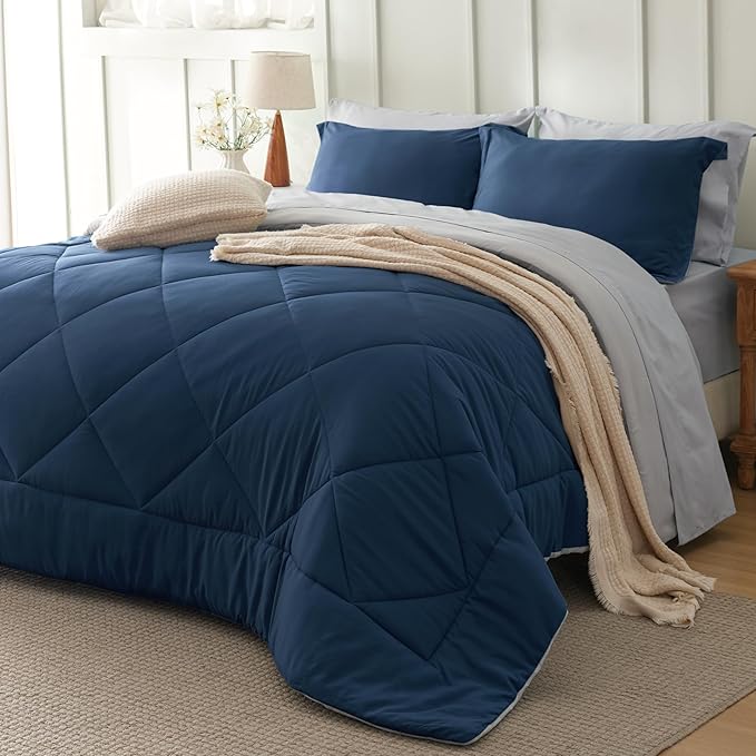 Bedsure Oversized Queen Comforter Set - 7 Pieces Reversible Navy Bedding, Oversized Queen Size Bed Set for All Seasons, Bed in a Bag with Down Alternative Comforter, Sheets, Pillowcases & Shams