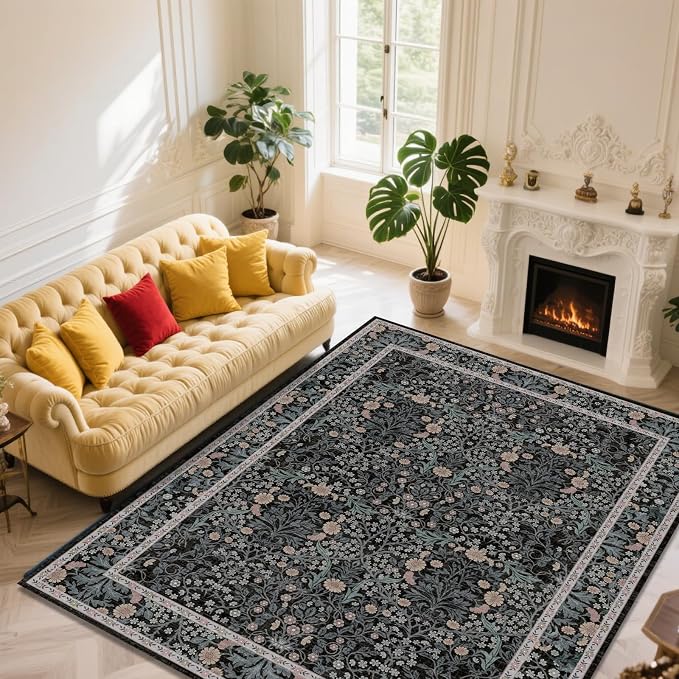 Vintage Black Living Room Rug, 8x10 Washable Area Rugs - Image 4