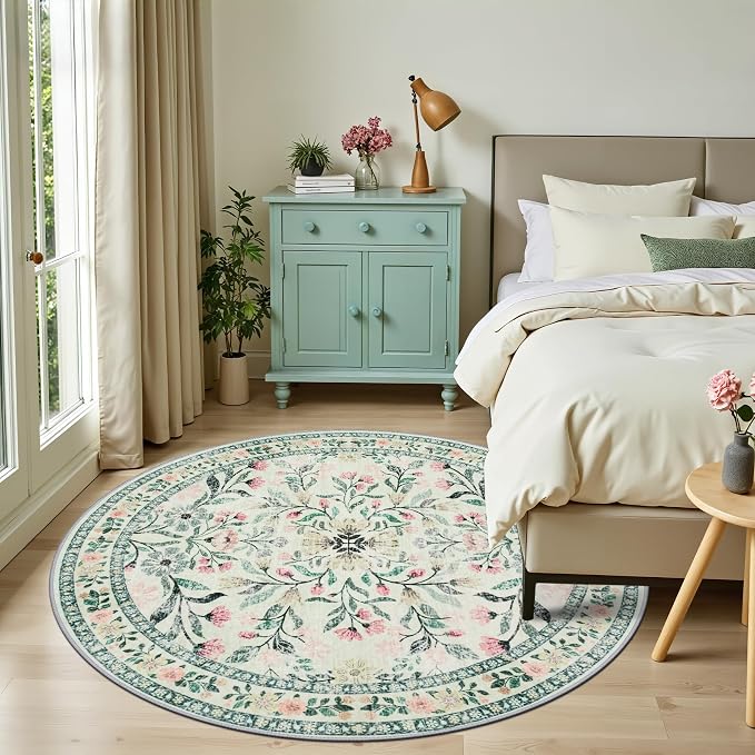PLHXFR Round Area Rug Living Room: 6 ft Floral Washable Carpet Green Beige | - Image 3