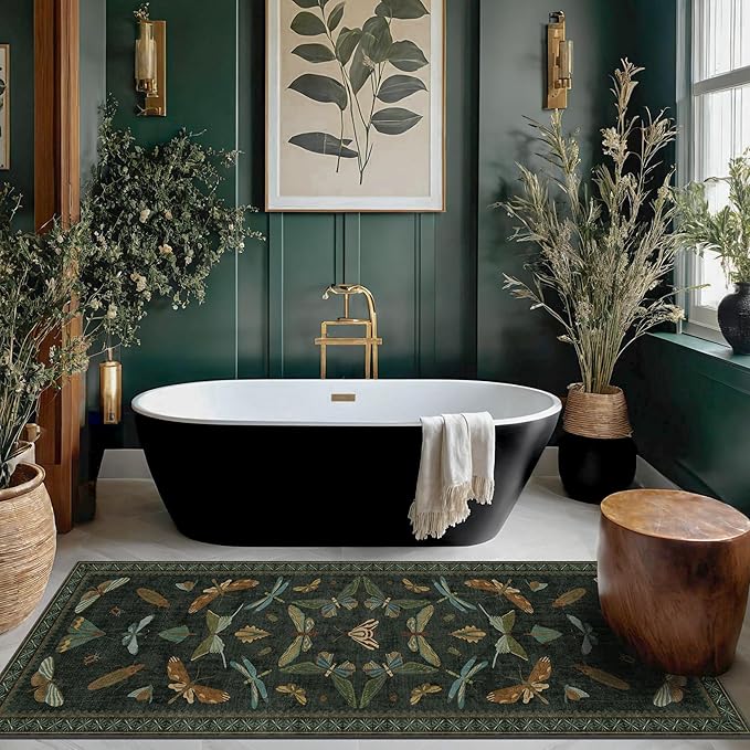 Dark Green Insect 2x5 Bathroom Runner Rug by HazoHaus