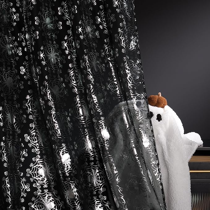 NICETOWN Black Voile Sheer with Glitter Silver Web, Grommet Halloween Spider Pattern for Window Decor, Party & Seasonal Home, W54 x L96, 2 Panels