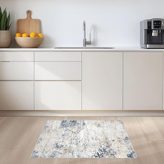 DMOYEST 2x3 Entryway Area Rug Washable Abstract Beige Blue Small Carpet | - Image 5