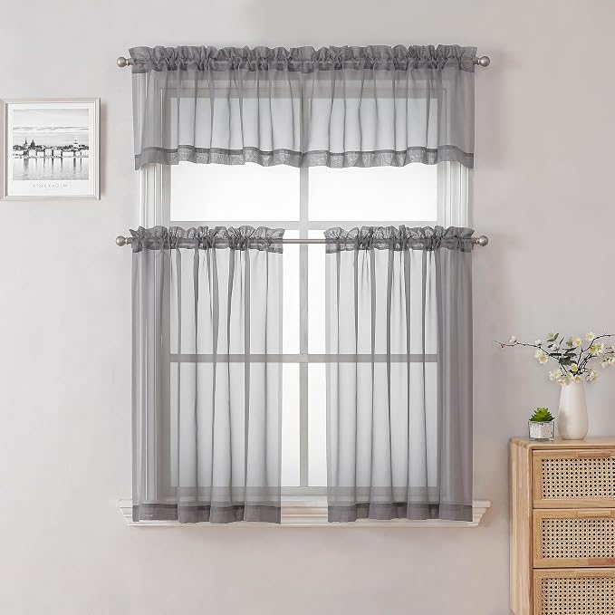Charcoal Grey Sheer Kitchen Curtains 36 Inch Length 2 Pcs, Sheer Voile Curtain - Image 8