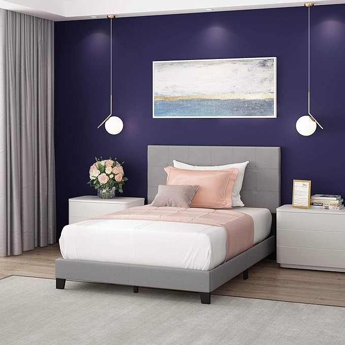Furinno Laval Button Tufted Upholstered Platform Bed Frame, Full, Glacier