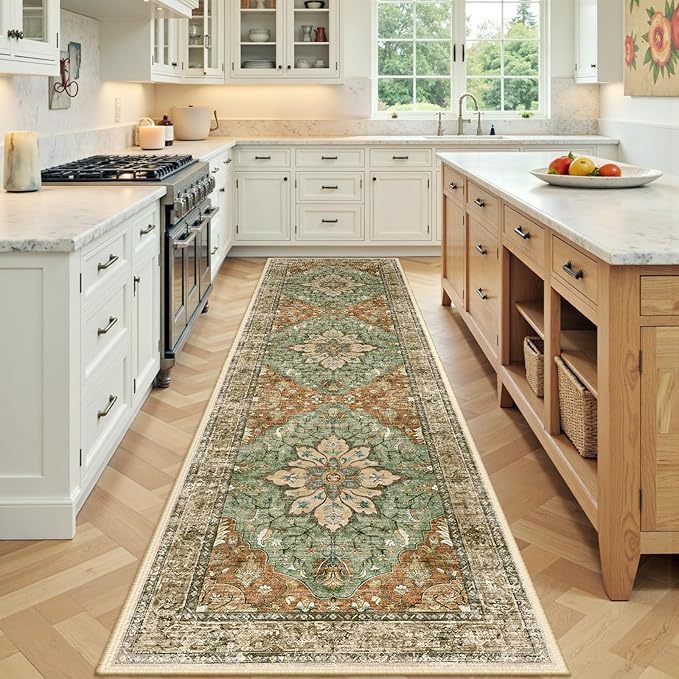 RELEANY Washable Area Rug, Runner 2'x8', Brick/Brown/Green | Non-Slip, Water - Image 2