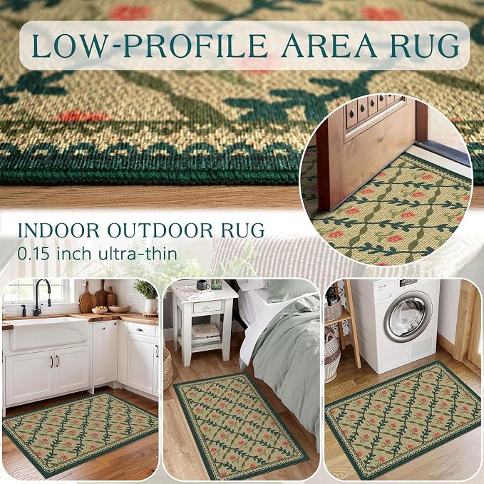 Front Door Mat Outside Entrance, 2x3 Green Brown Floral Trellis Rug | Non-Slip - Image 6