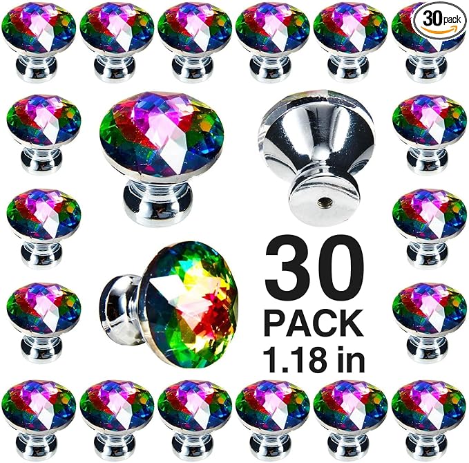POZEAN Crystal Cabinet Knobs 30Pack, 1.18inch Dresser Knobs for Cabinet, Drawer with Two Different Sizes Screws, Diamond Glass Pulls Handles (30mm, 30Pack, Colorful)