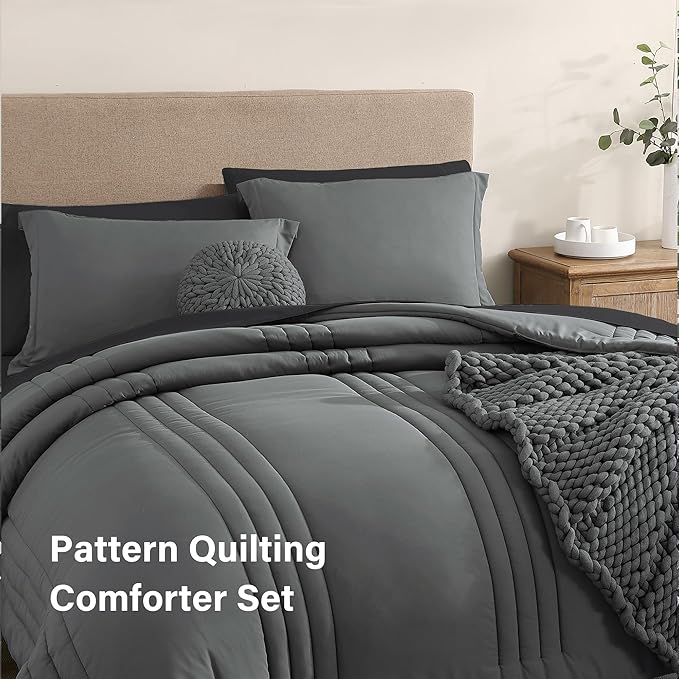 Monbix California King Size Comforter Set - 7 Pieces Bed in a Bag California King, Grey Bedding Sets with Comforter, All Seasons Down Alternative Comforter Bed Set with Sheets, Pillowcases & Shams